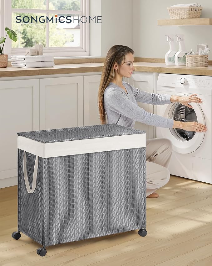 SONGMICS HOME Laundry Hamper with 3 Section, 140 L, Rattan, with Wheels | Rolling Clothes Basket with Lid, Removable Liner with Handles, Gray and Black, PEZZO Collection ULCB602G01 - Image 2