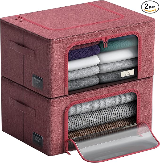 Sorbus Storage Bins with Metal Frame - Stackable & Foldable Clothes Organizer Bags - Oxford Fabric Storage Containers with Large Clear Window & Carry Handles, Bedroom Organization for Bedding & Linen by Sorbus
