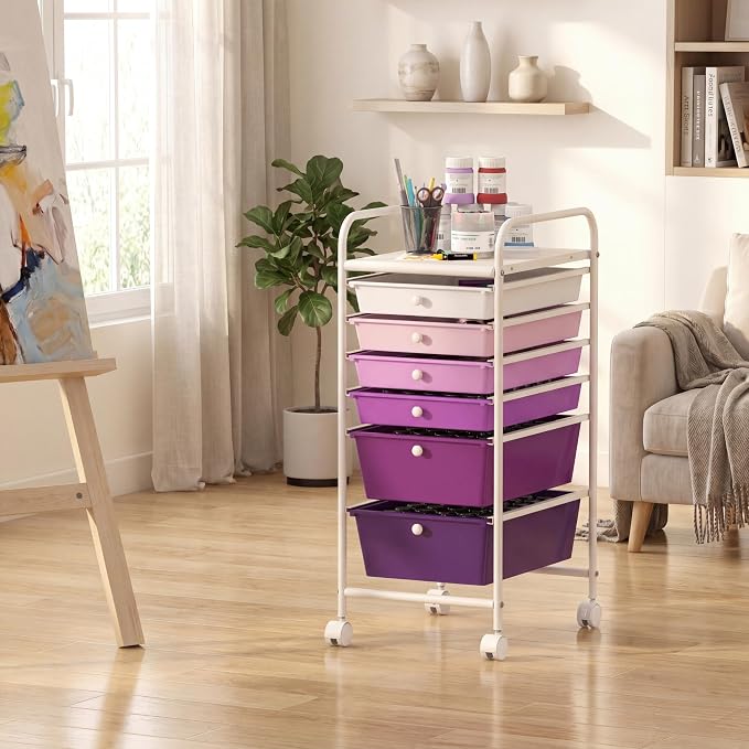 GOFLAME 6-Drawer Rolling Storage Cart, Multifunctional Art Craft Organizer Cart, Mobile Utility Storage Cart with Removable Drawers & Lockable Wheels, Craft Cart for Home Office, Purple Gradient - Image 8