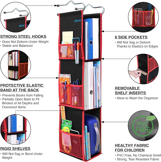 ABRA® 3 Shelf Hanging Locker Organizer for School, Gym, Work, Storage | Deep Shelves 6.5”x 9”| Eco-Friendly Fabric Healthy for Children | Adjustable School Locker Shelf from 3 to 2 Shelves (Black/Red) - Image 4