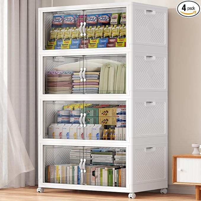 BROVIEW 640QT Large Stackable Storage Bins with Clear Doors, V20 4Pack | 160Gal Plastic Closet Organizer Cabinet with Lid and Wheels, Collapsible Latch Box Folding Drawer for Home, White by BROVIEW-EnjoytheArtofLife