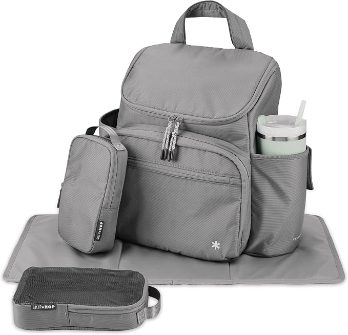 Skip Hop Diaper Bag Backpack with Portable Changing Pad Adjustable Pocket for 30 oz. Tumblers 9 Total Pockets Insulated Packing Cubes Luggage Sleeve & Stroller Straps Fits a 14” Laptop Forma Next Grey - Image 4