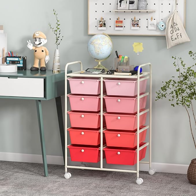Moccha 10-Drawer Rolling Storage Cart - Under Desk Storage Drawers with wheels for Craft Art Supply Paper Salon, Scrapbook Paper Tools, Mobile Utility Cart for Classroom, Gradient Pink - Image 3