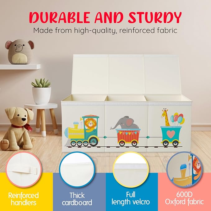 Extra Large Collapsible Sturdy Toy Storage Organizer with Lids, Animal Train Toy Box for Boys Girls, 40"x16"x16", Modern, Beige - Image 4