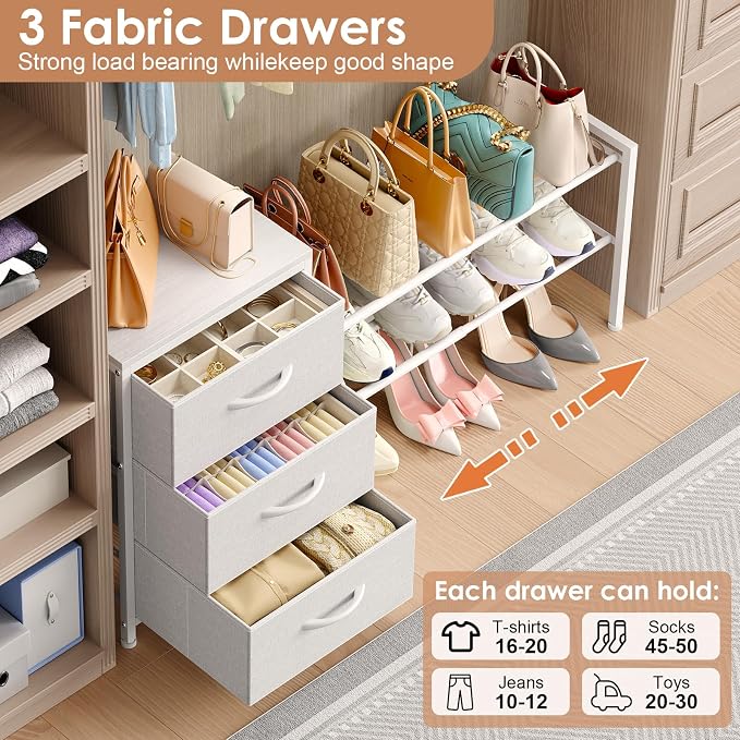 Cidaziya Expandable Closet Organizers and Storage, White Fabric Storage Dresser, 3 Drawer Dresser, Clothes Shelves for Kids, Purse Organizer Small Shoe Rack for Closet Bedroom(31.29~43.42 in) - Image 4
