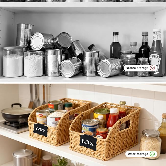 Brownlily Faux Wicker Pantry Storage Baskets, Natural-Double Set (6-Piece) | Handwoven Baskets for Organizing with Built-in Handles, All-Purpose Storage Baskets with Chalkboard for Shelves,Laundry Room - Image 6