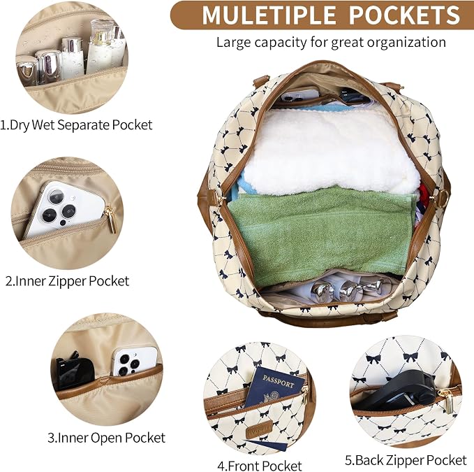 3PCS Weekender Bags for Women Large Overnight Bag, Cream Bow | Weekender Travel Duffel Bags Carry on Shoulder with Shoe Compartment Toiletry Bag Satchel Bag for Travelling Business Gym - Image 2