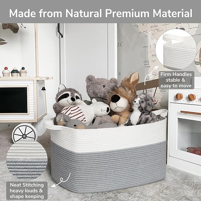 Goodpick Large Woven Rope Blanket Basket, Rectangle, White Gray | 21.6'' x 14.9'' x 11.8'' Storage Basket for Toys, Blankets & Clothes, Nursery & Bedroom Organization, Reinforced Handles - Image 6