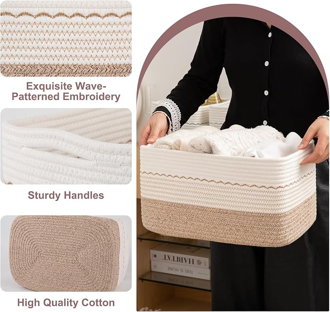 OIASKET 4 Pack Storage Baskets for Organizing, 15.75''x11.8''x7.87'', Decorative Cotton Rope Baskets for Shelves, Small Woven Basket for Toys, Books and Towels, Brown&White - Image 6