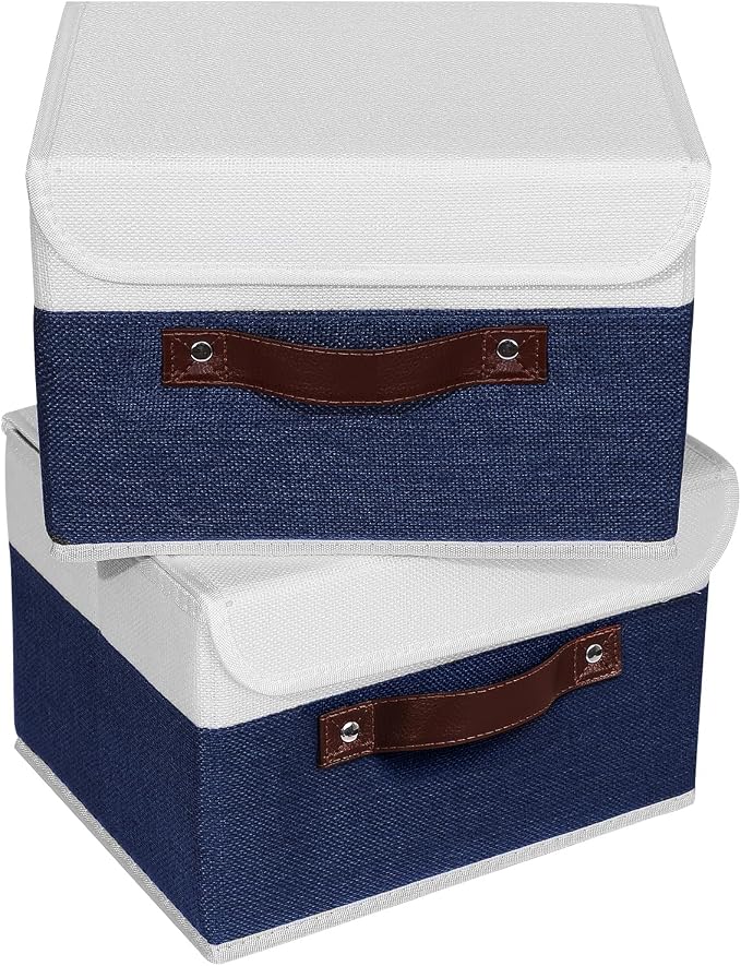 ANMINY Fabric Storage Box Bins with Lids, Blue White, 10"x8"x7", 2 Pack | Keepsake Memory Storage, Cotton Linen, PP Board Reinforced, Washable, PU Handles, Foldable & Stackable, Decorative, Small - Image 2