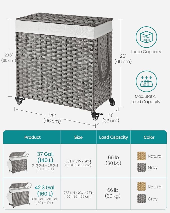 SONGMICS Laundry Hamper with Lid, 37 Gallons (140 L), Rolling Laundry Basket with Wheels, 3-Section Synthetic Rattan, Removable Liner, Bedroom, 26 x 13 x 26 Inches, Gray ULCB363G01 - Image 5