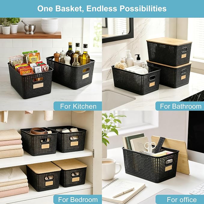 2 Pack Tall Plastic Storage Bins with Bamboo Lids, 10.8qt Stackable Storages Baskets for Organizing Desktop Closet Playroom Classroom Office, 12"L x 8.3"W x 6.1"H, Black - Image 5