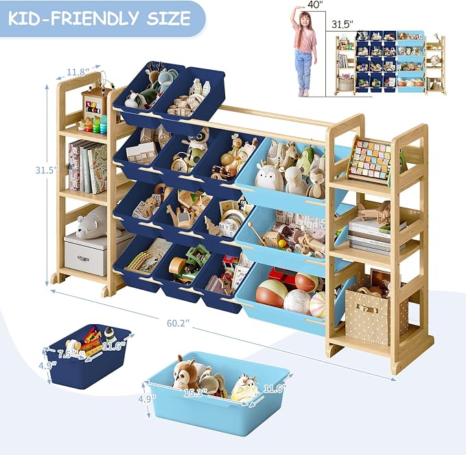 EXPERLAM Extra Large Toy Storage - Toy Storage Organizer, Wooden Toy Organizer with 6 Side Shelves and 16 Bins, 3-in-1 Bookshelf for Kids Rooms, Playroom, Nursery, Blue - Image 2