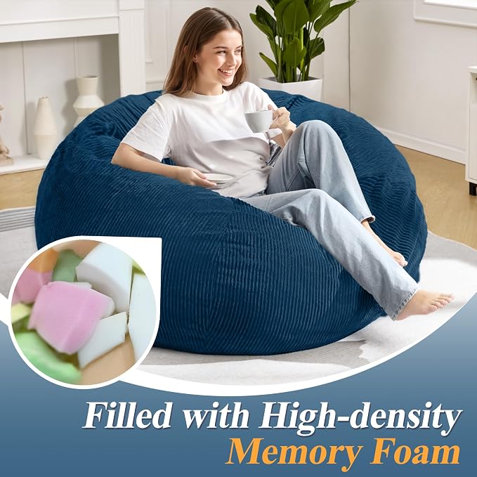 5FT Bean Bag Chair for Adults,Gaint Teardrop Beanbag with Filler | Beanbag Chair with Memory Foam Filled,Bean Bags with Handy Handle&Machine Washable Cover for Living Room,Bedroom-Dark Blue - Image 4