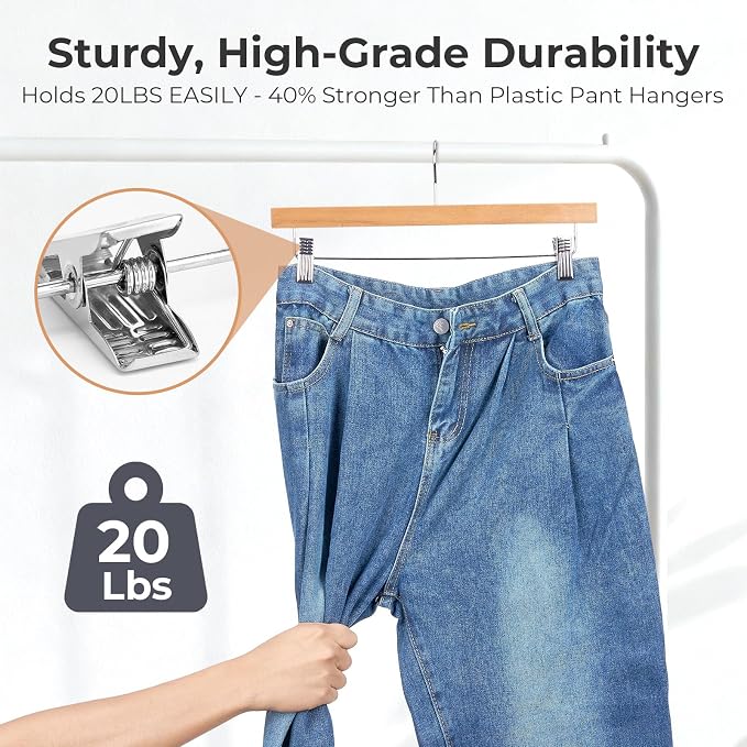HOUSE DAY Wooden Pants Hangers with Clips, 25 Pack Skirt Hangers, Natural | 14-Inch Wood Hangers with Adjustable Non-Slip Metal Clips & 360° Swivel Hooks, Heavy Duty for Jeans, Slacks, Trousers, Shorts - Image 4