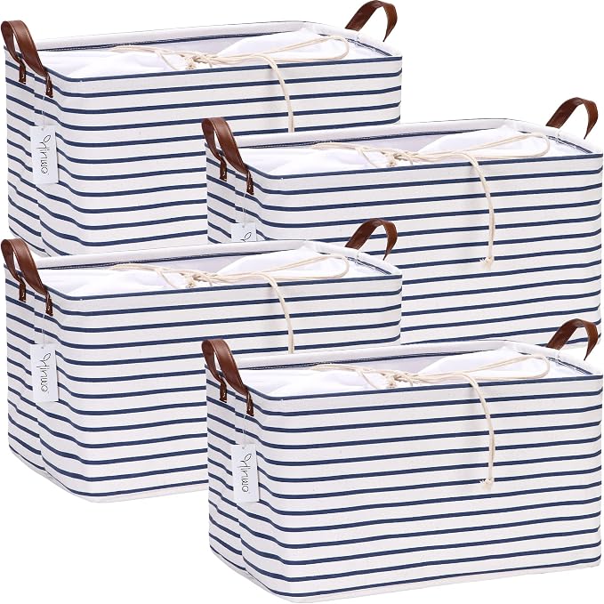 Hinwo 4-Pack Large Canvas Fabric Storage Baskets with Handles, 31L Rectangle Storage Bins, Collapsible Storage Box, Clothes, Toys, Blankets Organizers, 16.5 x 11.8 x 9.8 inches, (Navy Blue Stripe) by Hinwo