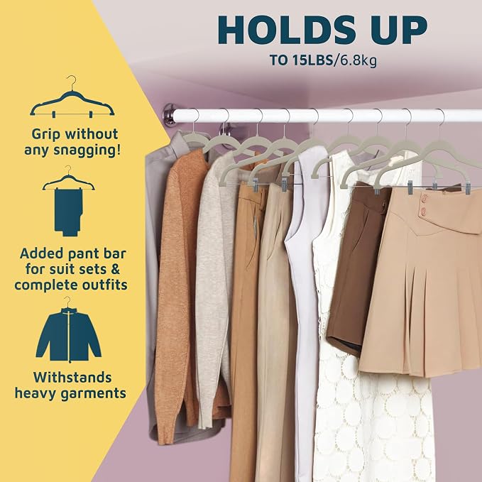 Lifemaster Velvet Skirt Hangers – with Adjustable Clips, 360 Degree Swivel Hook, and Non-Slip Shoulder Notch, Holds Up to 10 lbs, for Organizing Skirt, Pants, Dress, and Clothes, Pack of 20, Ivory - Image 8