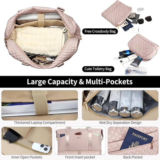 Weekender Bag, Large Travel Duffel Bag for Women, Carry on Overnight Bag with Shoe Compartment and Toiletry Bags - Image 3