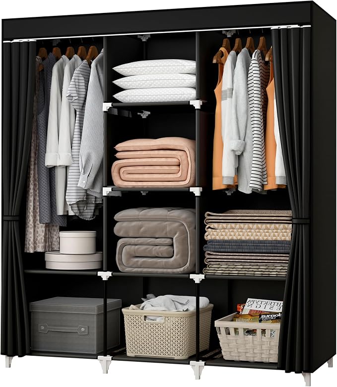 Portable Closet, Bedroom Wardrobe Closet for Hanging Clothes | 2 Hanging Rods, 8 Storage Organizer Shelves, Pipe Diameter 16mm, Durable and Easy to Assemble, Black by PortableCloset