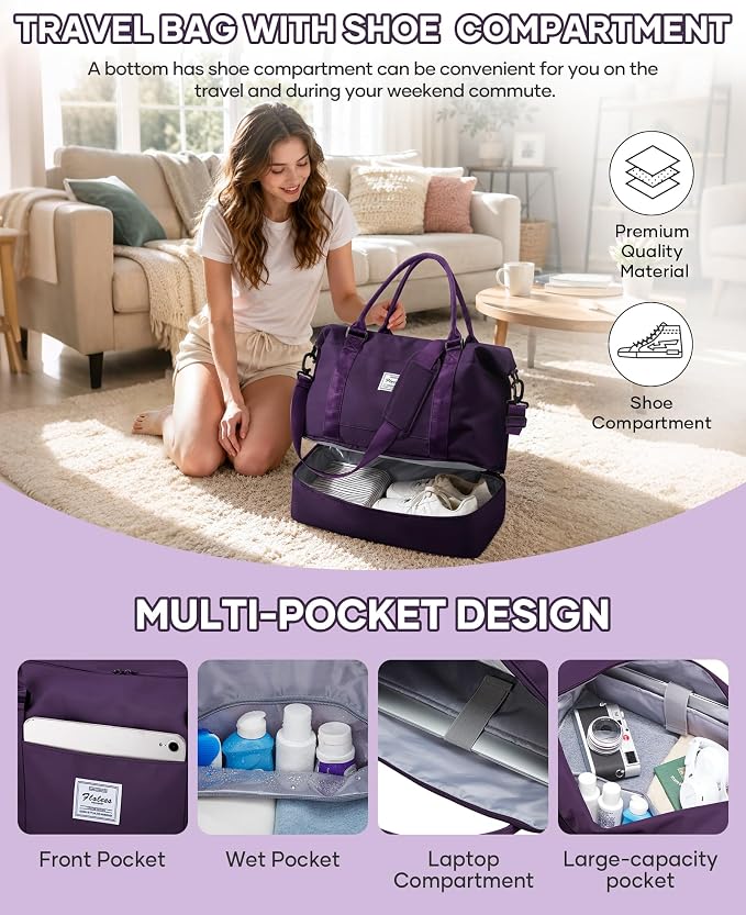Travel Duffel Weekender Bag Women Tote Carry On Bags With Shoe Compartment | 18x14x8 inches Travel Overnight Bags with Trolley Sleeve for Airplanes Waterproof Sport Tote Gym with Toiletry Bag Purple - Image 6