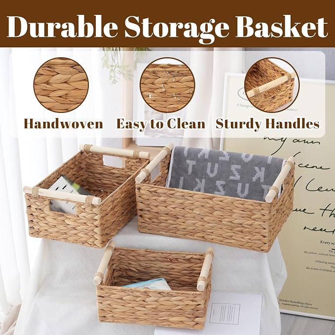 Woven Storage Baskets, Wicker Shelf Baskets, 3-Pack, 3 Sizes | 3-piece rectangular woven basket set in small, medium and large sizes; natural wicker organizers for shelves and cabinets. - Image 4