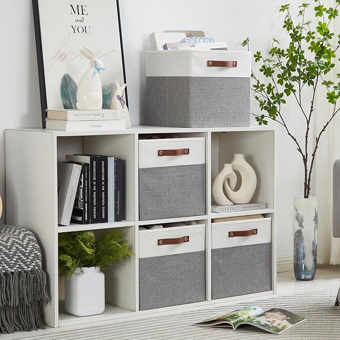 13x15x13 Storage Cube Bins, Foldable Storage Organizer Baskets, Fabric Cube Storage Boxes with 2 Reinforced PU Handles for Kallax, Shelves, Living Room | 4 Pack, Gray & White - Image 7