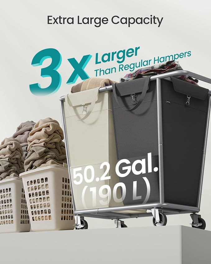 SONGMICS Laundry Basket with Wheels, 2-Section Laundry Sorter, 50.2 Gallons (190 L) Rolling Hamper with Removable Bags, Heavy-Duty Steel Frame, Cream White and Dark Gray URLS009X01 - Image 3