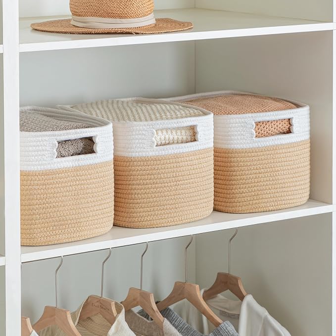 4 Pack Storage Baskets for Organizing, Shelf Baskets with Handles, White&Brown - Image 3
