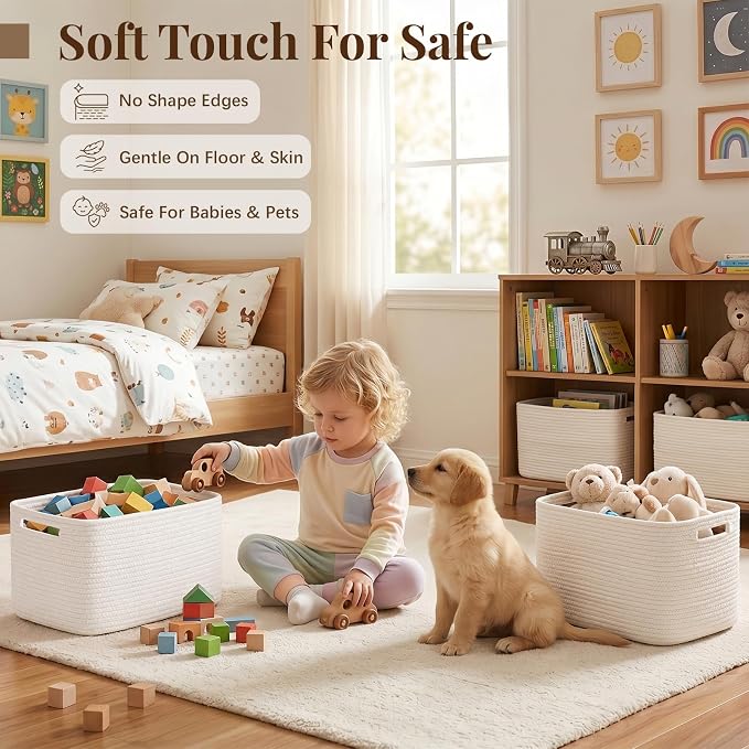 OIASKET 4Packs Natural Cotton Rope Storage Baskets for Organizing Toys, Clothes, Towels & Books, Soft Versatile Organizers for Shelves, Home Decorative Bins, 13''Lx9''Wx7.8''H, White - Image 4