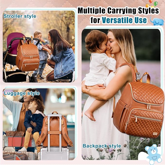 Diaper Bag Backpack Leather Baby Diaper Bag with Changing Pad Travel Diaper Backpack,Baby Bag for Mom,Stroller Straps,5 Insulated Pockets (Brown Leather) - Image 7