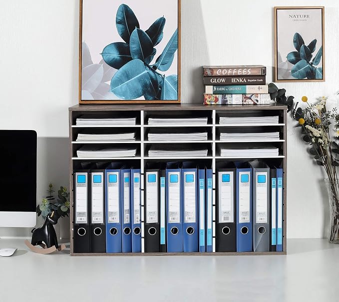 TQVAI Wood Literature Organizer, 27 Slots Hold 13500 Sheets A4 Papers, Wooden Desk File Paper Storage Organizer with Adjustable Shelves, Mailbox Cubbies for Office Home Classroom, Retro Grey/White - Image 5