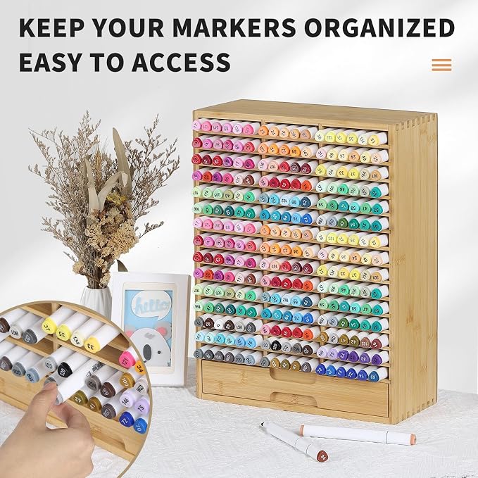 AUTOARK Bamboo Marker Organizer for 225 Markers,AHK-063 | Desktop Storage with Drawers,Art Markers Pens Pencils Brushes,Stationary Organizer - Image 4