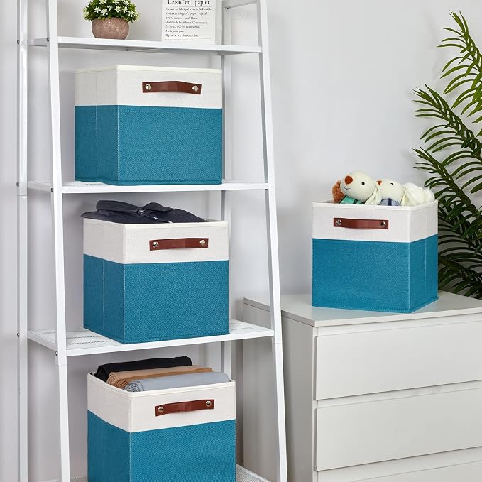Temary Storage Cube Bins 11 Cube Storage Bins Storage Baskets for Closet, Shelves 4 Pack Fabric Organizer Bins with Leather Handles(White&Teal) - Image 6