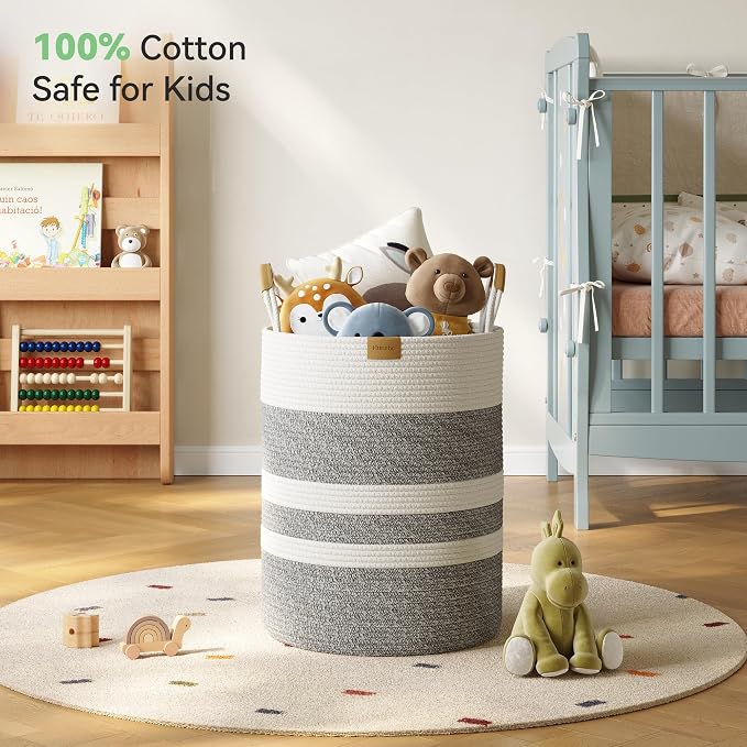 Nunsino 62L Striped Laundry Hamper with Leather Handles,Large Foldable Laundry Basket for Clothes,Cotton Rope Storage Bin for Blankets,Woven Clothes Basket for Bedroom,Gray Stripes - Image 3