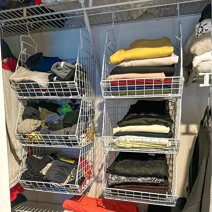 X-cosrack 3 Tier Foldable Closet Organizer, Clothes Shelves with 5 S Hooks, Wall Mount&Cabinet Wire Storage Basket Bins, for Clothing Sweaters Shoes Handbags Clutches Accessories-White Patent Design - Image 5