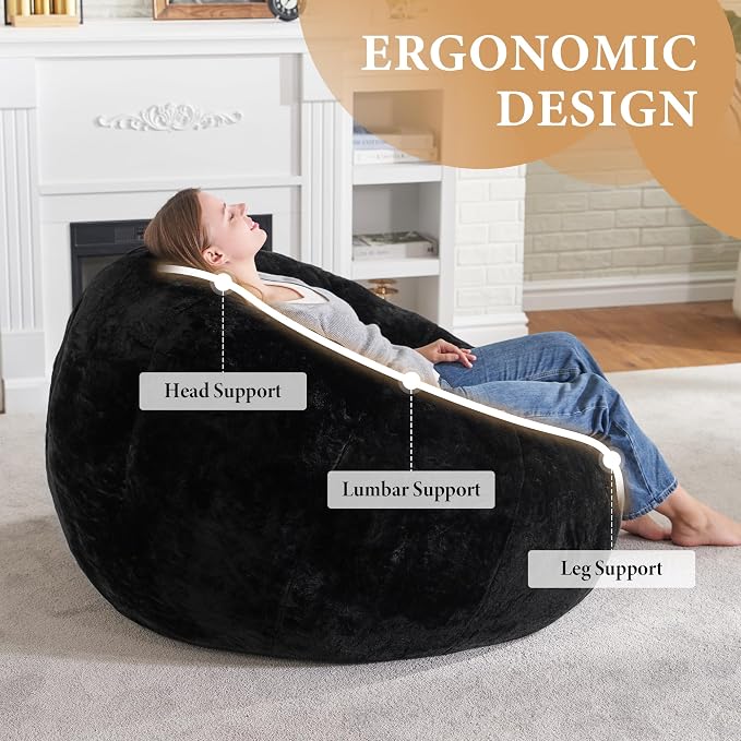 Hobestluk Large Bean Bag Chairs for Adults Donut-Shaped Giant Sofa Lounge | Black, Oversized Bean Bag Chair with Faux Fur Cover Foam Filling Cozy Lounger for Bedroom Living Room Reading - Image 5