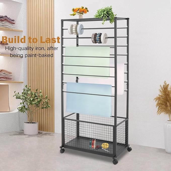 Ribbon Holder Organizer Rack,Double-Sided 16-TierRibbon Display Stand with Storage Basket and Wheels,Multifunctional Flower Wrapping Paper Storage Stand,for Flower Shops, Craft Rooms (Black) - Image 5