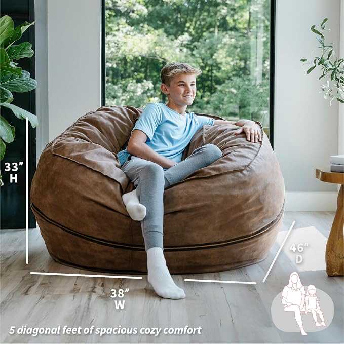 Big Joe Fuf 5Ft Oversized Foam Bean Bag Chair with Removable Cover for Kids, Teens, Adults, Coffee Soft Vegan Leather, 5 Foot Large Reading and Gaming Seat - Image 3