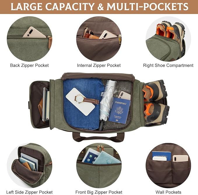 S-ZONE Canvas Duffel Bag for Travel Weekender Overnight Travel Bags for Men | Cotton Canvas, 45L Large Size, Shoes Compartment,Multi-Pocket, Removable Shoulder strap for Gym or Business, Army Green - Image 3