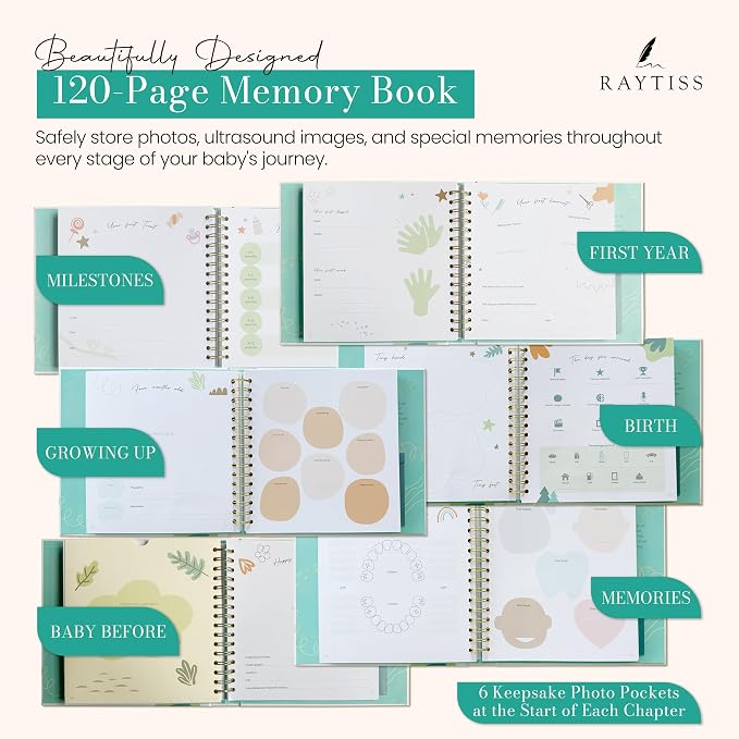 Baby Books Keepsake - Pregnancy Journal & Baby Memory Book, Age 0-5 | 120-page hardcover baby memory book with pregnancy journal, photo pockets, milestone pages, and letter envelope for age 21 - Image 6