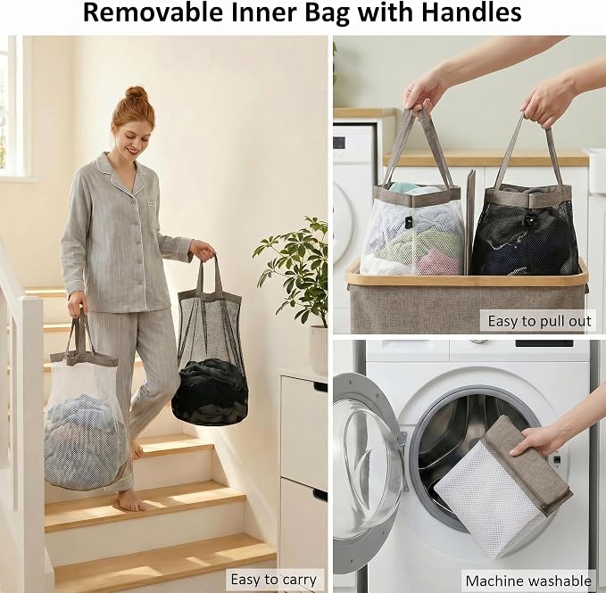 efluky Laundry Hamper with Lid, Double Laundry Basket with 2 Removable Bags, 2 Section Laundry Bin with Bamboo Handles for Bathroom, Bedroom & Laundry Room, 140L (36.9 Gallon) Brown - Image 3