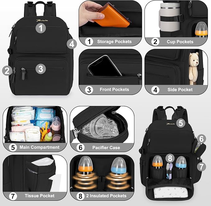 IBVIVIC Diaper Bag Backpack with Portable Changing Pad, Black | Multifunctional Baby Bag for Mom Dad, Large Capacity, Stroller Straps, Insulated Bottle Pockets & Pacifier Case - Image 6