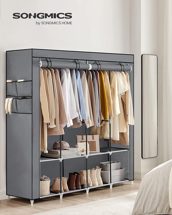 SONGMICS Portable Closet with Cover, 4 Hanging Rods and Shelves | Wardrobe Closet Organizer, 4 Side Pockets, 17.7 x 66.9 x 65.7 Inches, Dove Gray, Rylan Collection URYG094G02 - Image 2