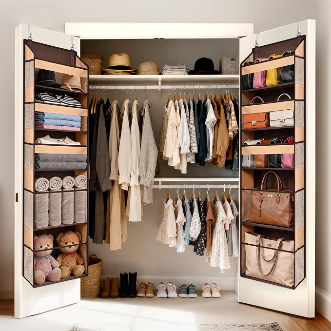 5 Tiers Over Door Organizer with 10 Mesh Side Pockets, 44 lbs Weight Capacity Hanging Storage Organizer with Clear Window Kids Toys, Shoes, Diapers, Brown - Image 7