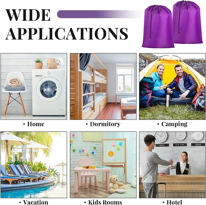Woanger 12 Pack 28 x 45 Inch Extra Large Laundry Bags Bulk, Purple | Washable Polyester, Drawstring Closure, For Clothes and Bedding, Foldable for College Dorms, Hotels, Camping and Travel - Image 6