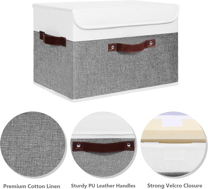 ANMINY Fabric Storage Box Bins with Lids, Gray White, 15"x10"x10" | Keepsake Memory Storage, Cotton Linen, PP Board Reinforced, Washable, PU Handles, Foldable & Stackable, Decorative, Large - Image 2