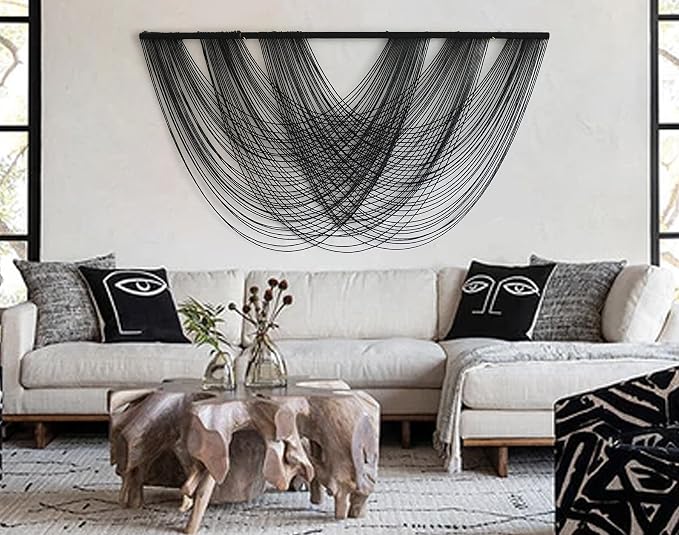 Flber Macrame Wall Hanging Black 59.00" W x 31.00" L Boho Wall Decor Large Boho Yarn Tapestry Living Room Bedroom Home Wall Décor | Black Neutral Style, for Living Room Bedroom Headboard Accent, Handwoven Yarn Texture, Large Boho Wall Art - Image 2