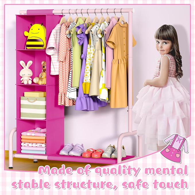 Univivi Kids Clothing Rack with Hanging Organizer, Rose Red and Pink | Toddler Dress Up Storage with Bottom Shelf, Sturdy Metal Dress Up Rack, Toddler Wardrobe Rack for Nursery, Playroom, Bedroom - Image 6