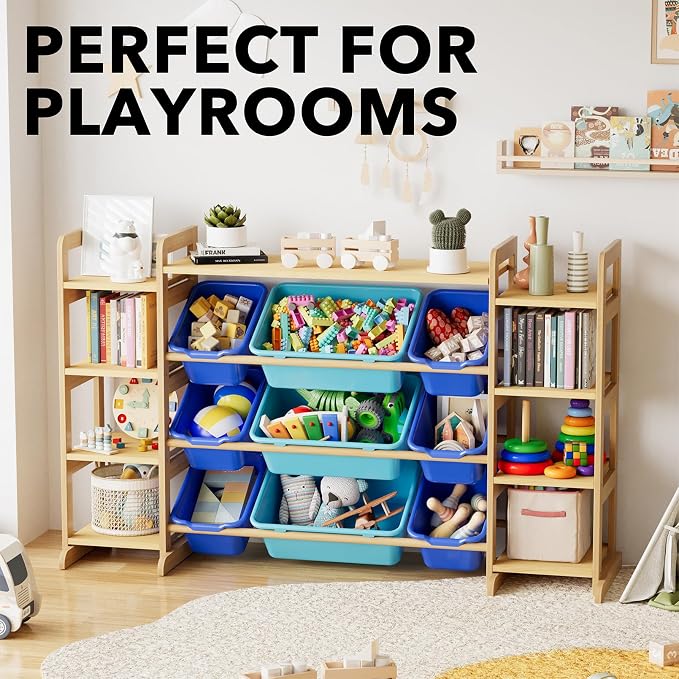 SpaceAid Large Toy Storage Organizer 9 Shelves 9 Bins, Toy Organizers Storage Bookshelf, Kids Bin Shelf Toys Box Bookcase for Bedroom Playroom Organization Room Decor, Blue and Navy Blue - Image 3