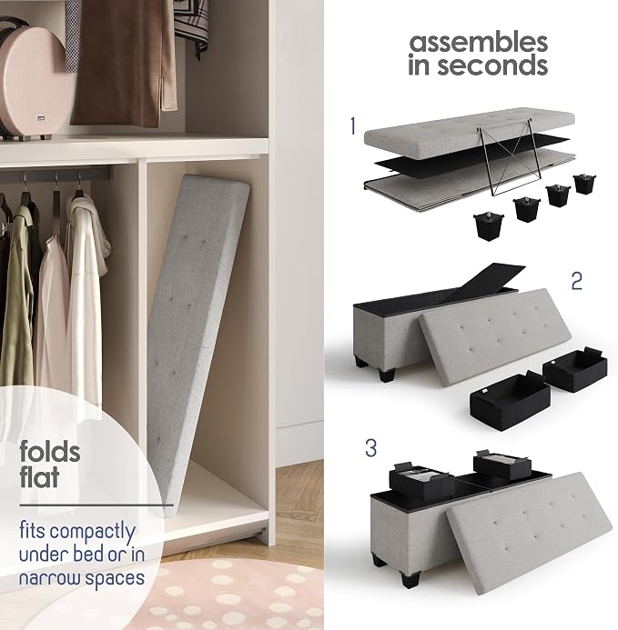 Storage Ottoman Bench with Bins, 43-in Storage Bench for Bedroom End of Bed, Folding Foot Rest Ottoman for Living Room Max 660lbs, Fabric Ottomans, Light Grey - Image 6
